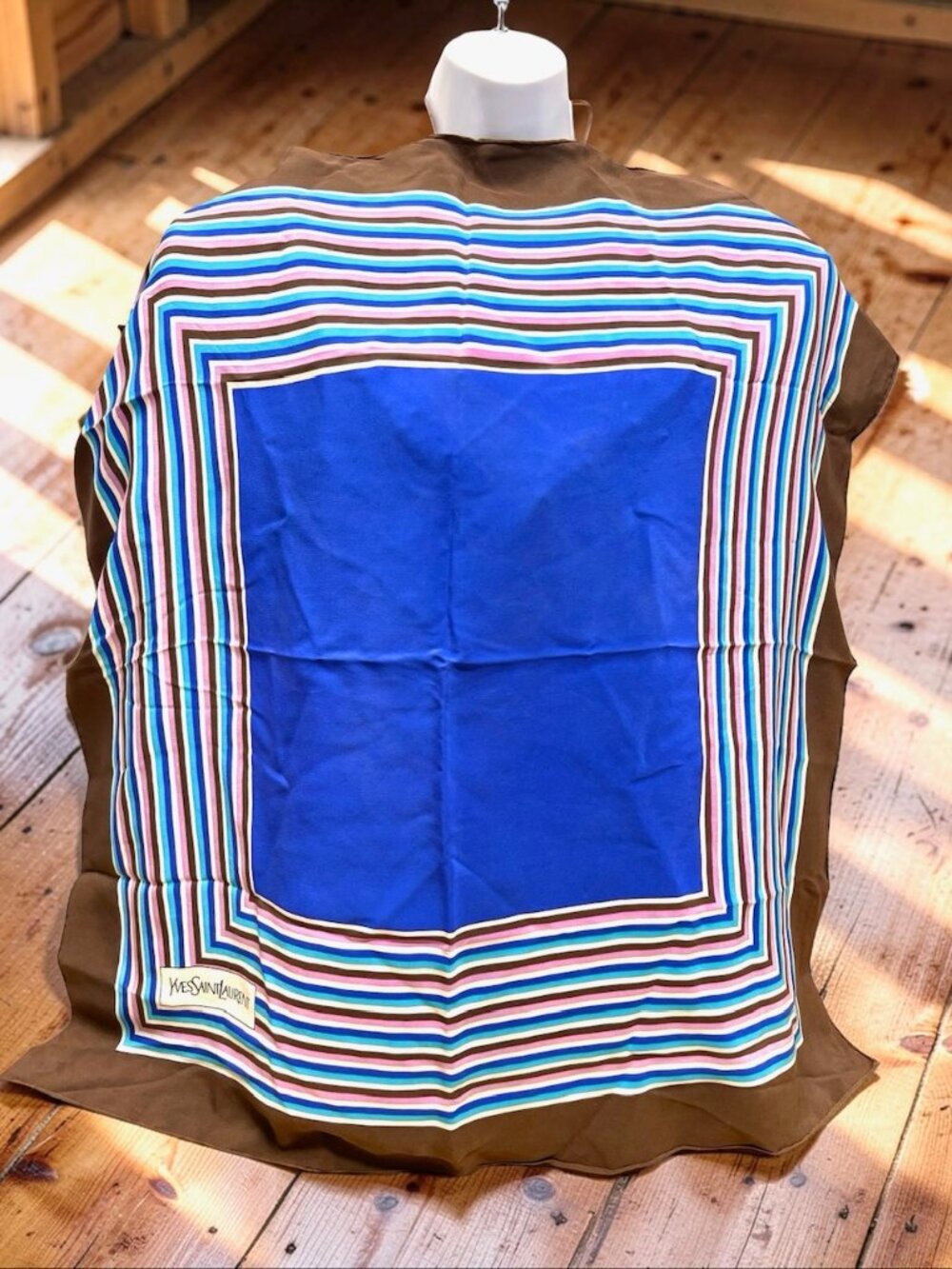 Yves Saint Laurent YSL 100% Silk Satin Scarf 30" Blue Brown Purple Strioed (29